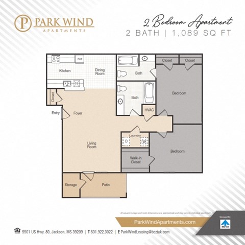 Floor plan for 2 beds, 2 baths, 1089 sqft